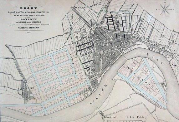 Kaart met de uitbreidingen in de polders Cool en Rubroek uit 1858