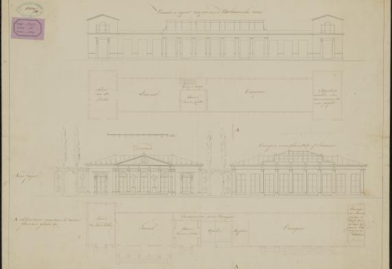 Bouwtekening van een paviljoen voor de botanische tuin.