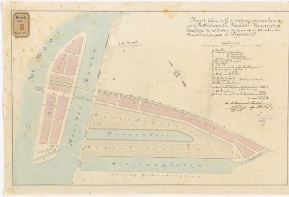 Kaart van eiland Feijenoord en bijbehorende havens met handtekening van Pincoffs