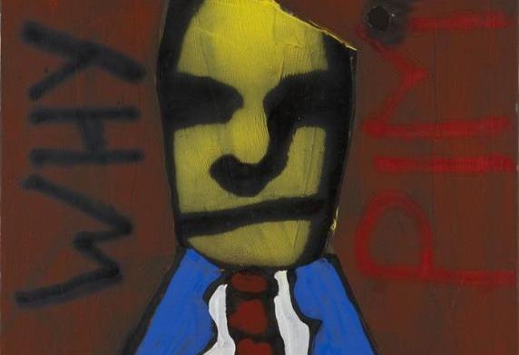 Tekst "Why Pim?" met ertussen een abstracte weergave Pim Fortuyn.