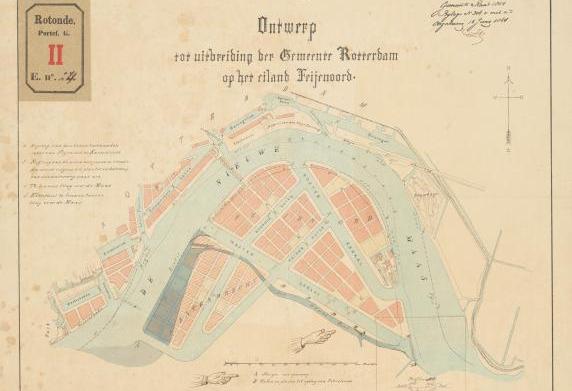 Indeling uit 1864 voor het Eiland Feijenoord.